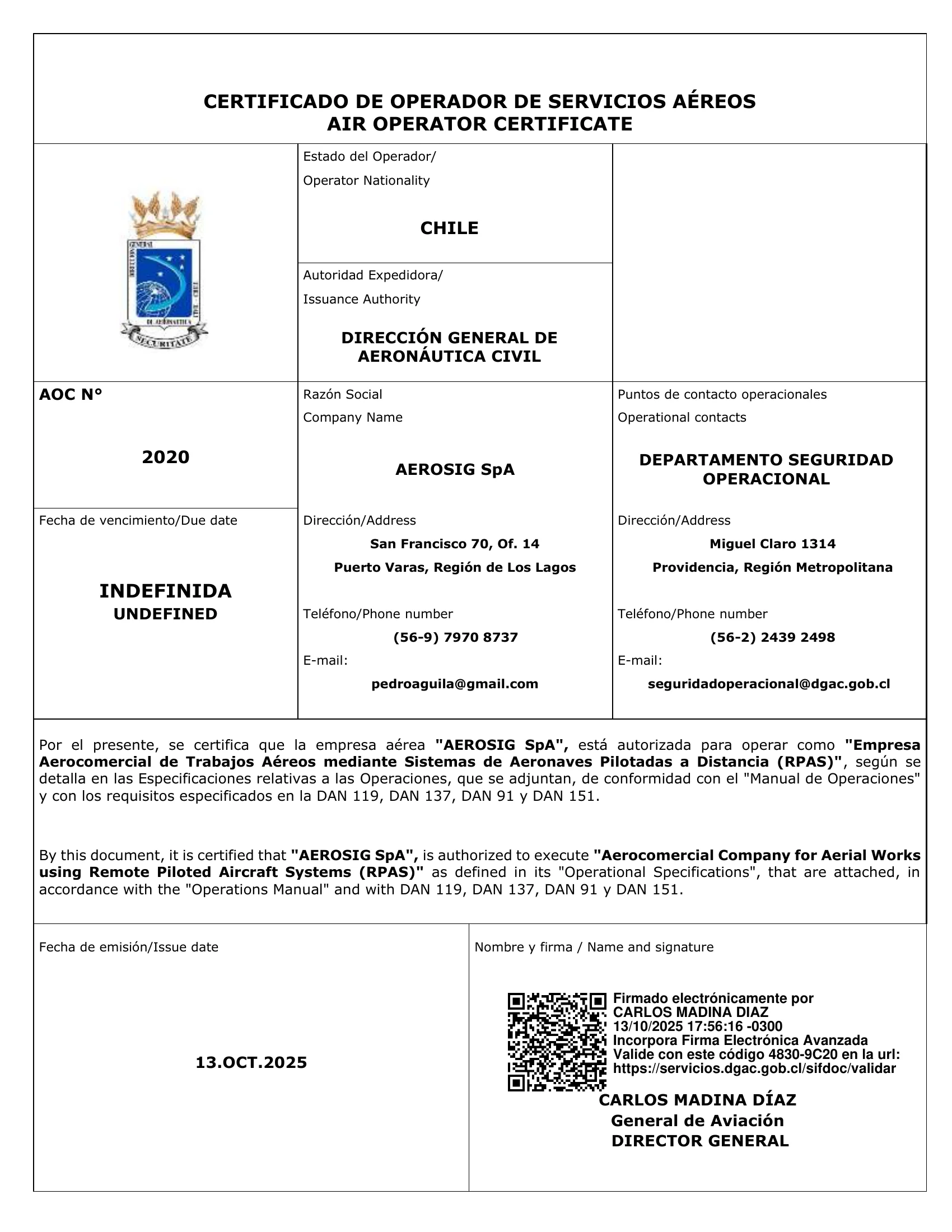 Certificado AOC 2020 AEROSIG SpA - DGAC Chile